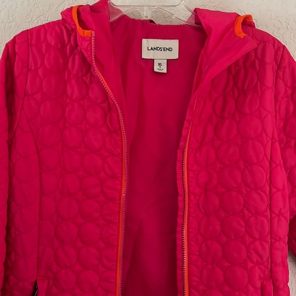 Land’s End hooded puffer jacket. Girls XL pink orange trim. EUC. - Picture 3 of 9